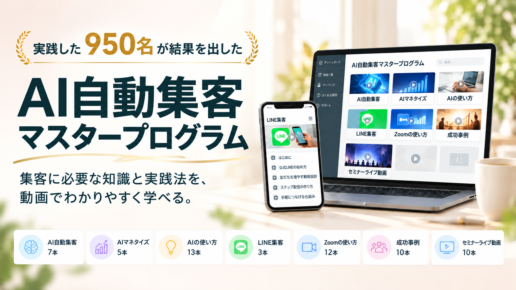 AI自動集客マスタープログラム。集客に必要な知識と実践法を、動画でわかりやすく学ぶ。